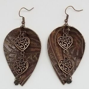 NWT Brown Heart Drop Earrings with Intricate Design On Genuine Leather